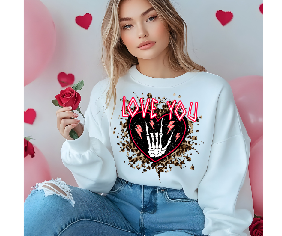 Love You Skeleton Valentine Shirt β Leopard Heart Graphic