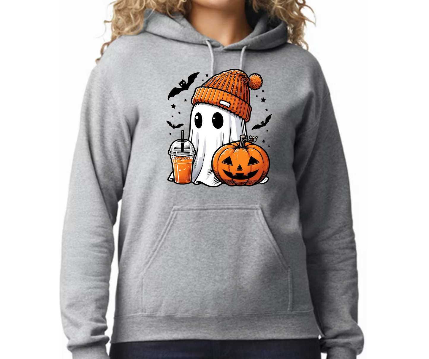 Cute Ghost with a Pumpkin and Coffee Hoodie