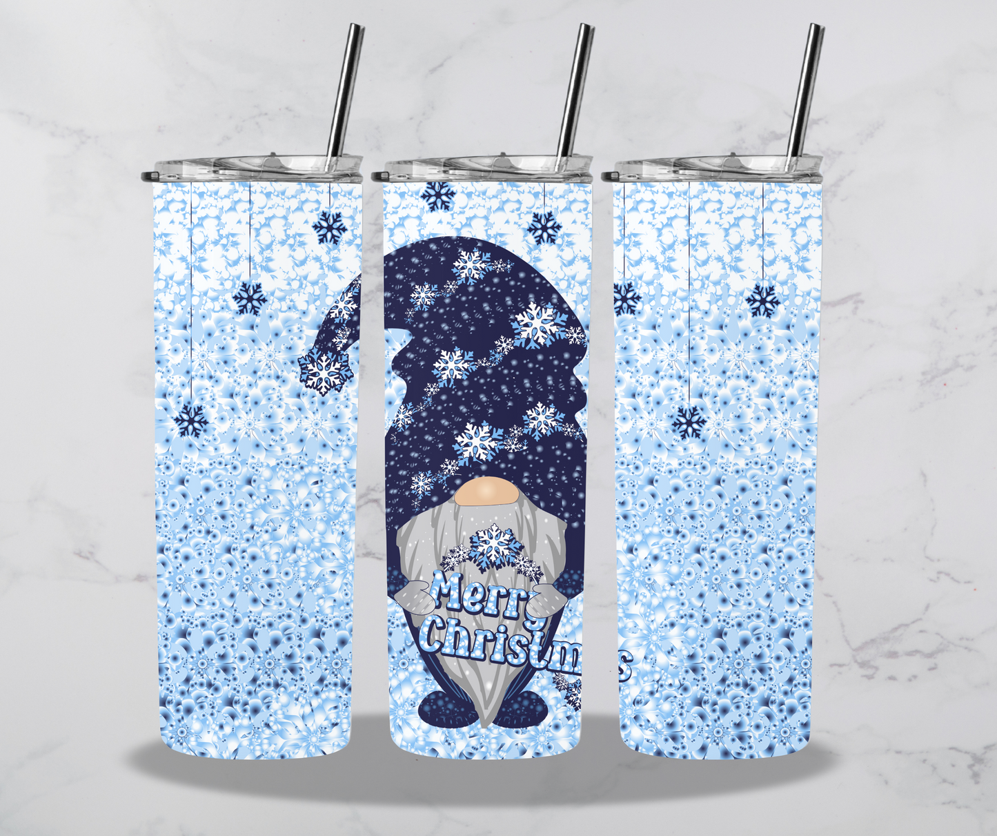 Blue Gnome with Snowflakes says Merry Christmas