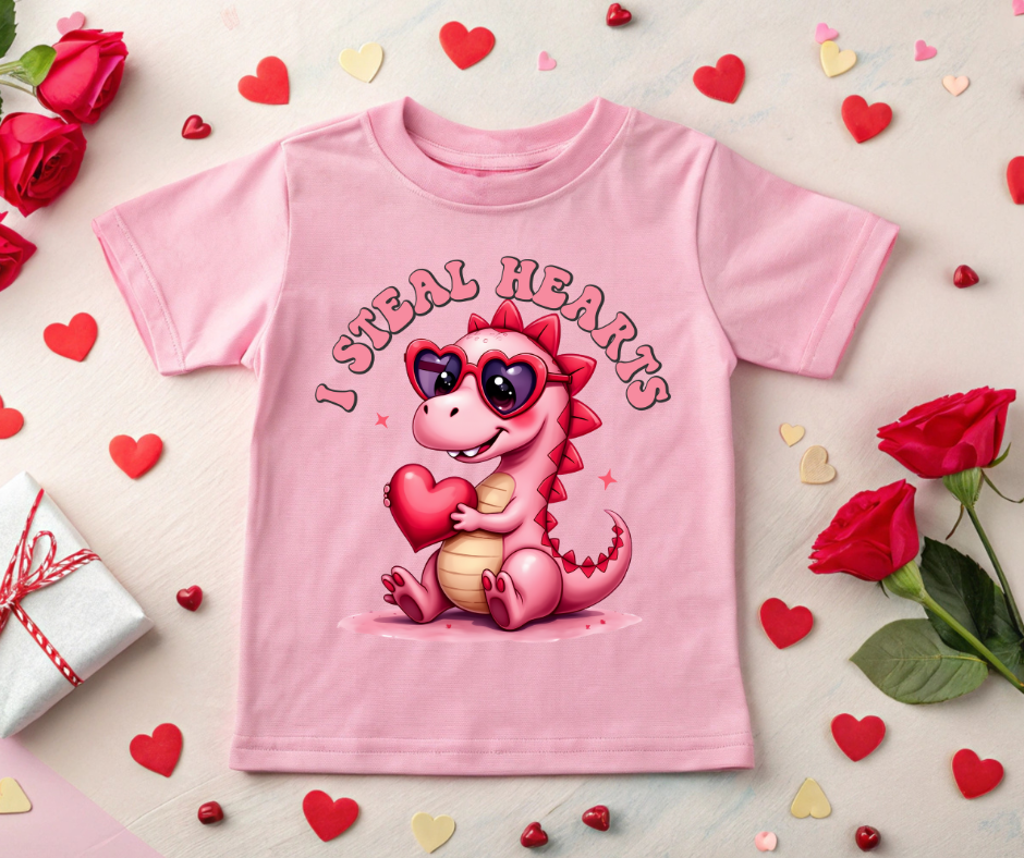 I Steal Hearts Pink Dino DTF Print – Ready to Press
