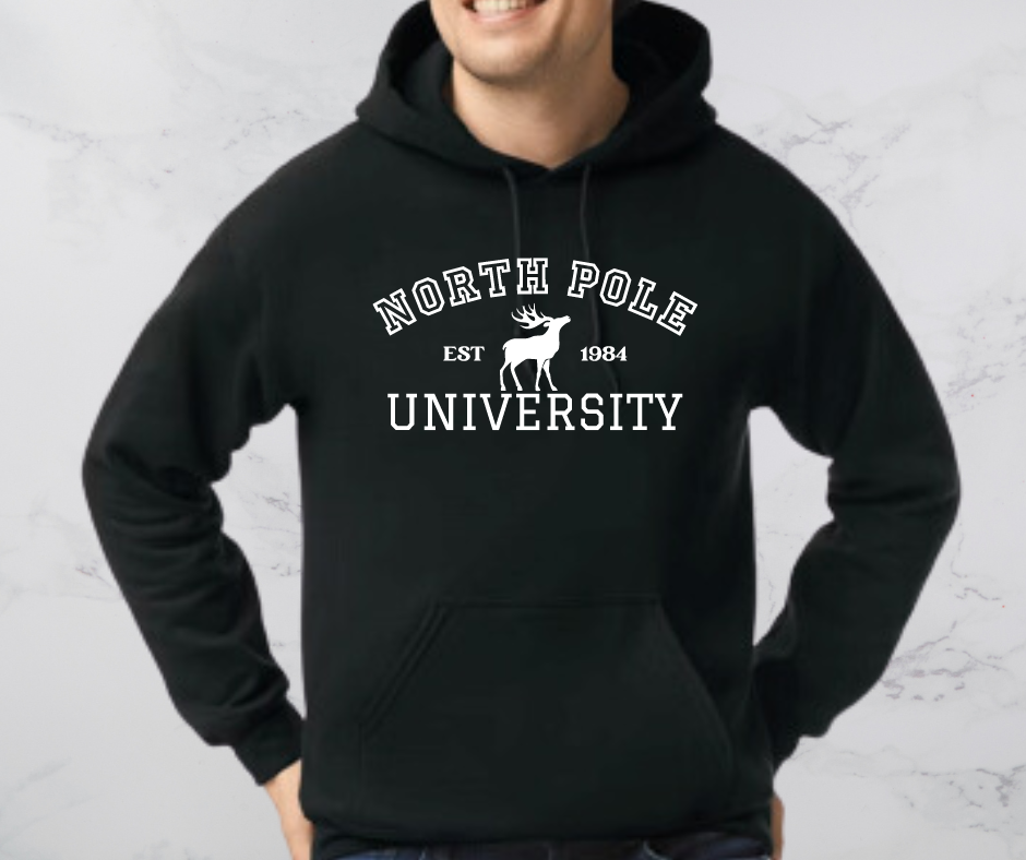 North Pole on Black Hoodie in White