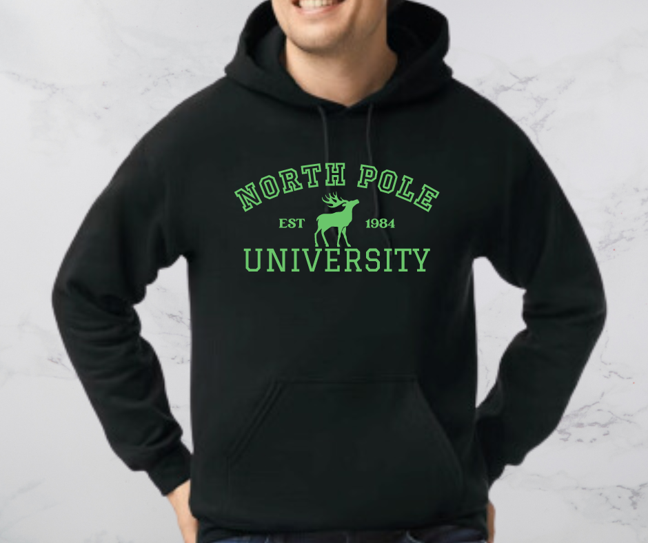 North Pole on Black Hoodie in Green