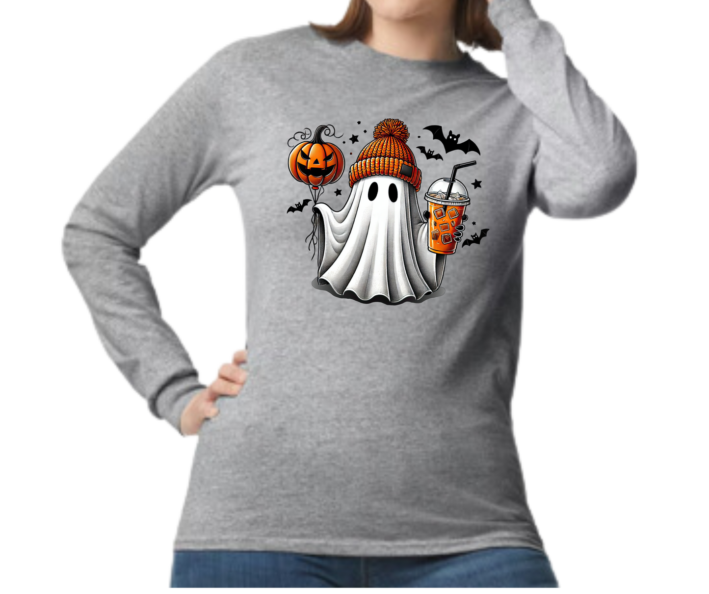 Fun Ghost with a Pumpkin and Coffee Long Sleeve Shirt