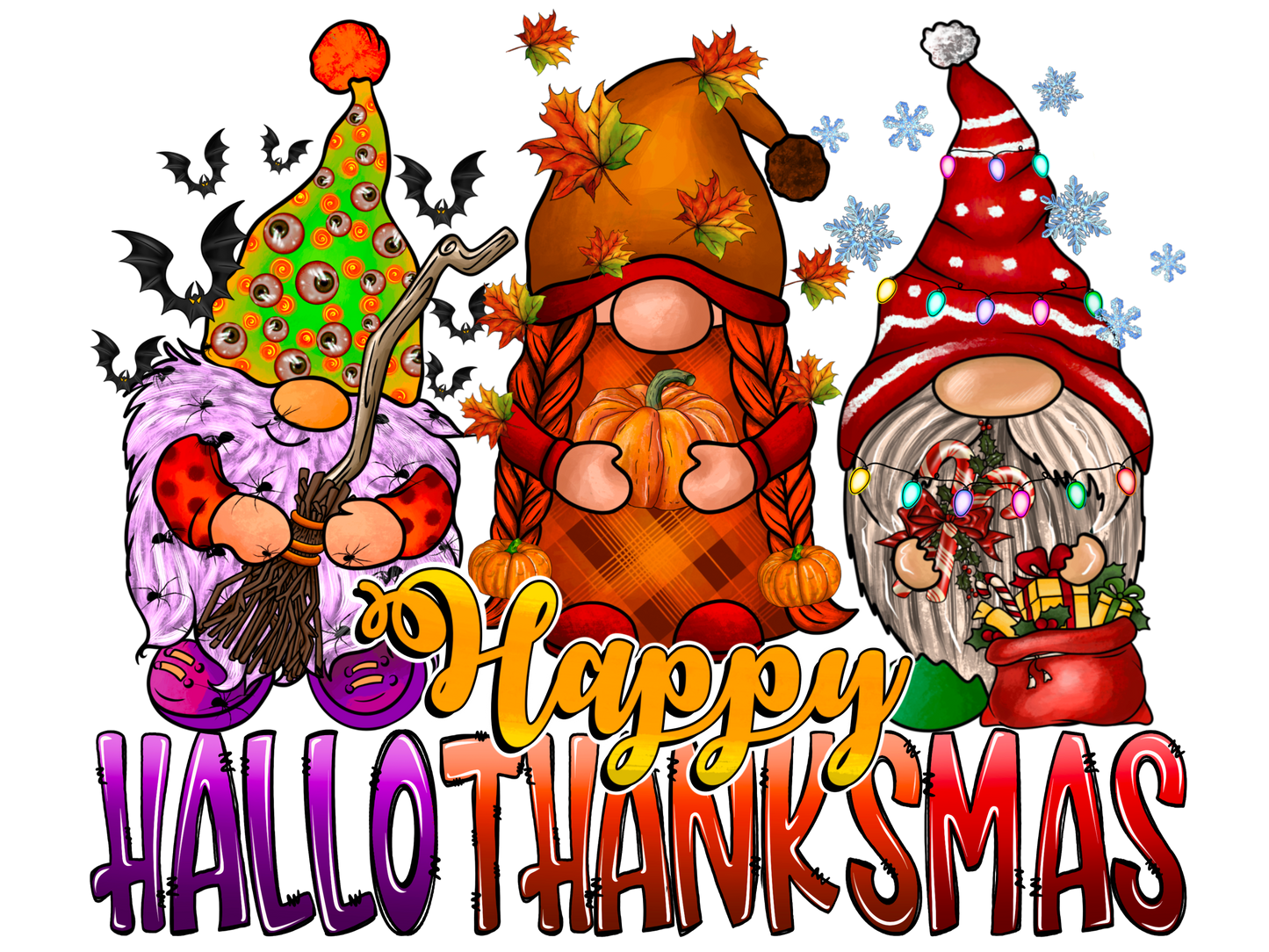 Hallothanksmas Gnomes DTF Transfer – Holiday Trio Design