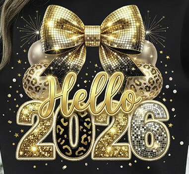 Hello 2026 Luxe Gold Bow & Disco Ball โ DTF Ready to Press