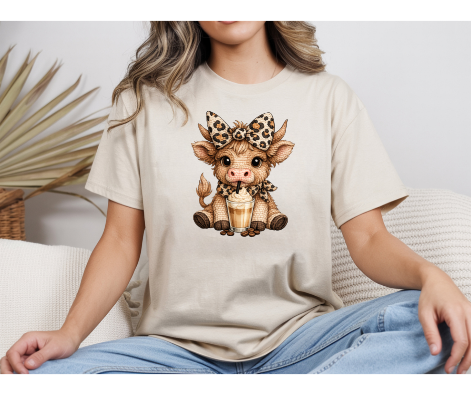 Leopard Bow Highland Cow Coffee Lover T-Shirt – Cute Western Cow Graphic Tee