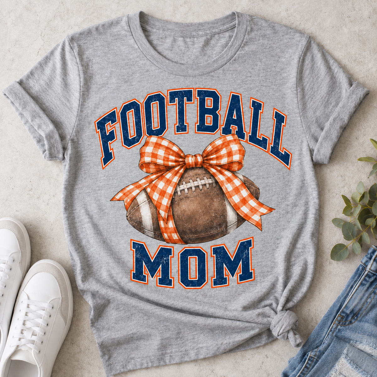 North Putnam Cougars Football Mom Bow T-Shirt in gray with navy & orange design