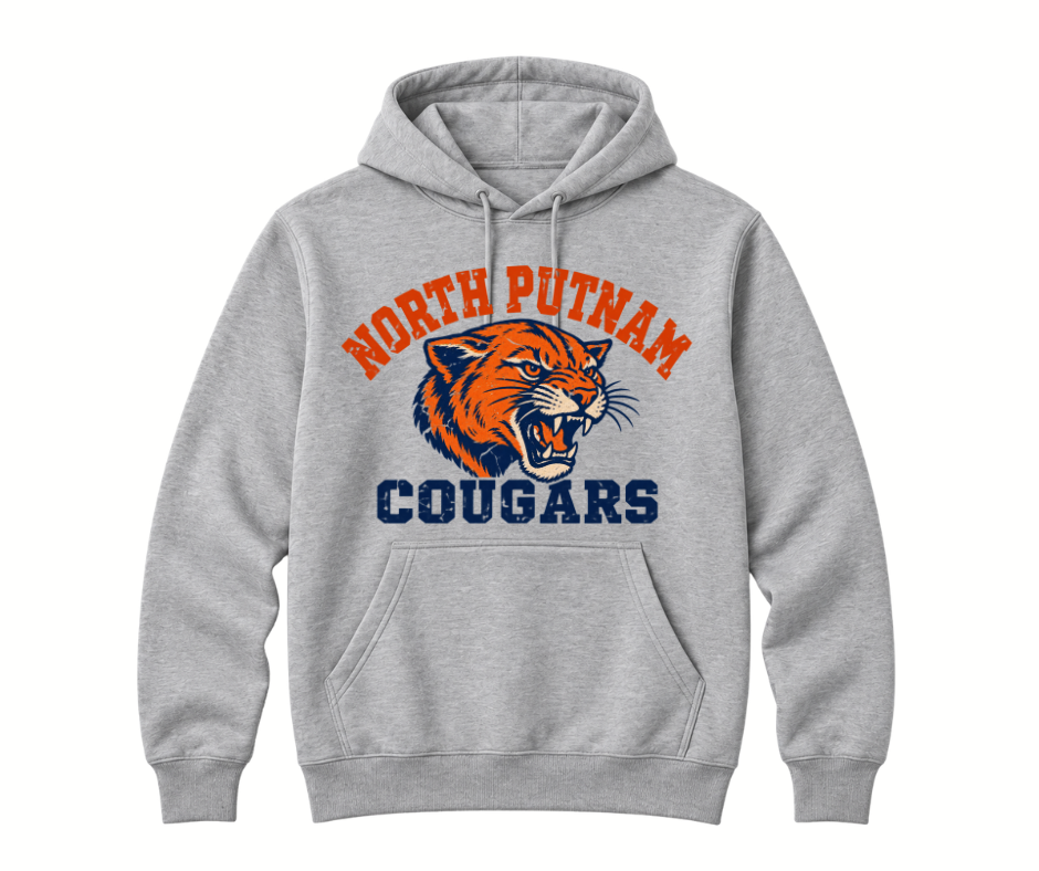 North Putnam Cougars Vintage Mascot gray Hoodie with navy and orange design