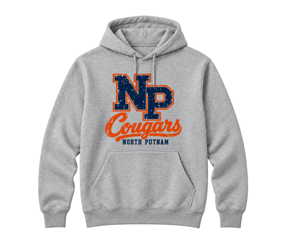 North Putnam Cougars Vintage NP Monogram gray Hoodie with navy and orange design