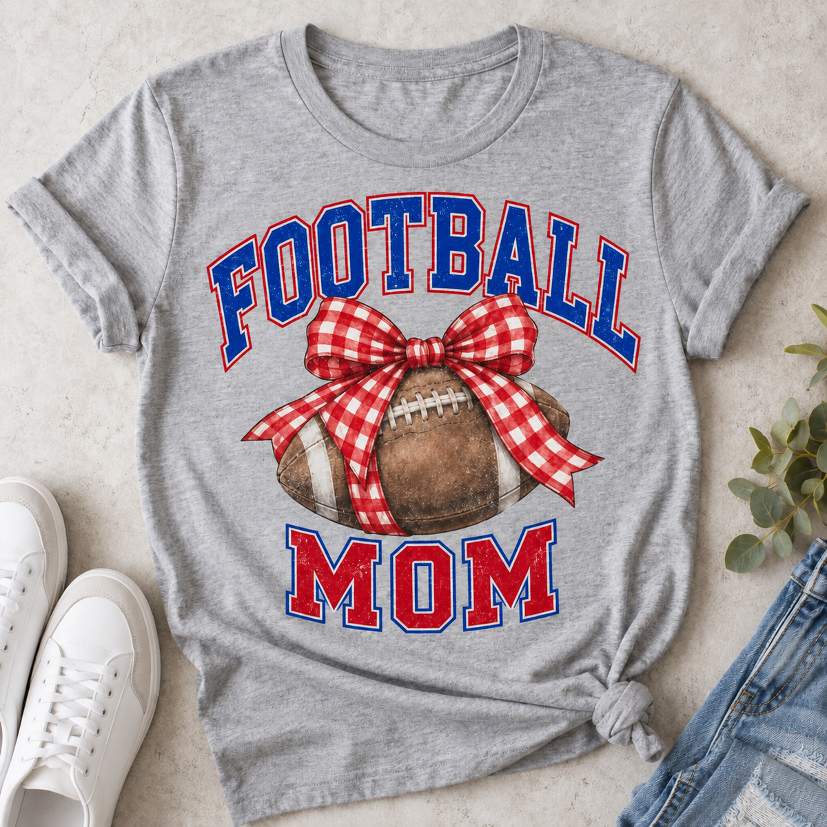 South Putnam Eagles Football Mom Bow T-Shirt in gray with royal blue & red design