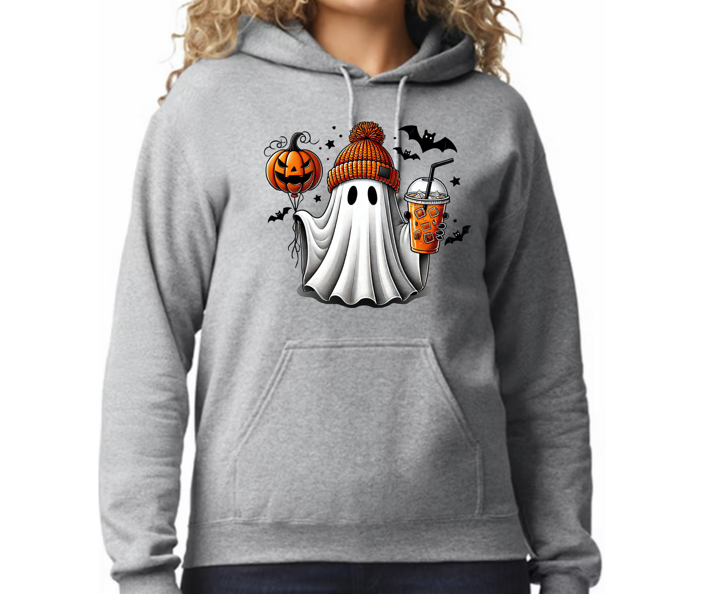 Fun Ghost with a Pumpkin and Coffee Hoodie