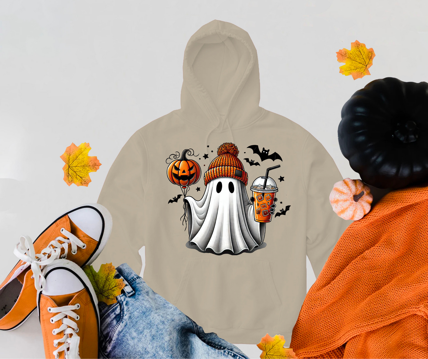 Fun Ghost with a Pumpkin and Coffee Hoodie