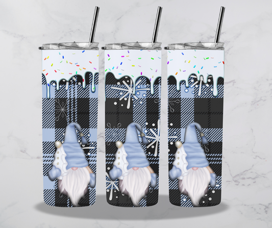 Sprinkle with icing snowflake and blue plaid background with blue gnome holding a ice cream tree cake