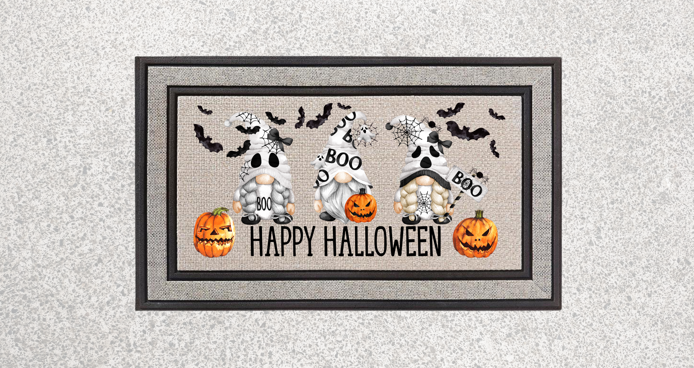 Happy Halloween Gnome Doormat – Cute Fall Front Porch Mat with Pumpkins & Bats