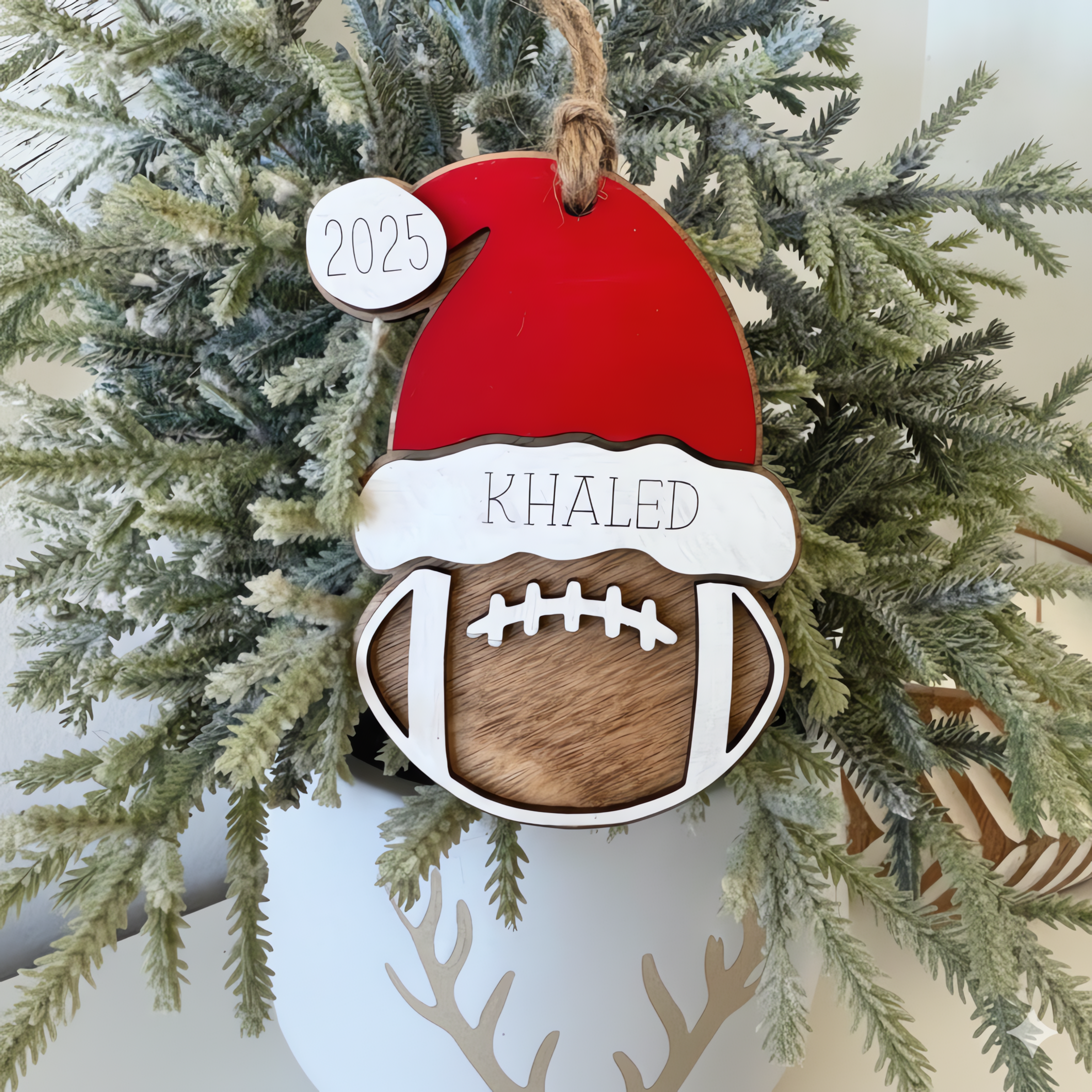 Custom Football Christmas Ornament 2025 – Personalized Name & Team Color Santa Hat | Sports Player Gift | Kids Football Ornament