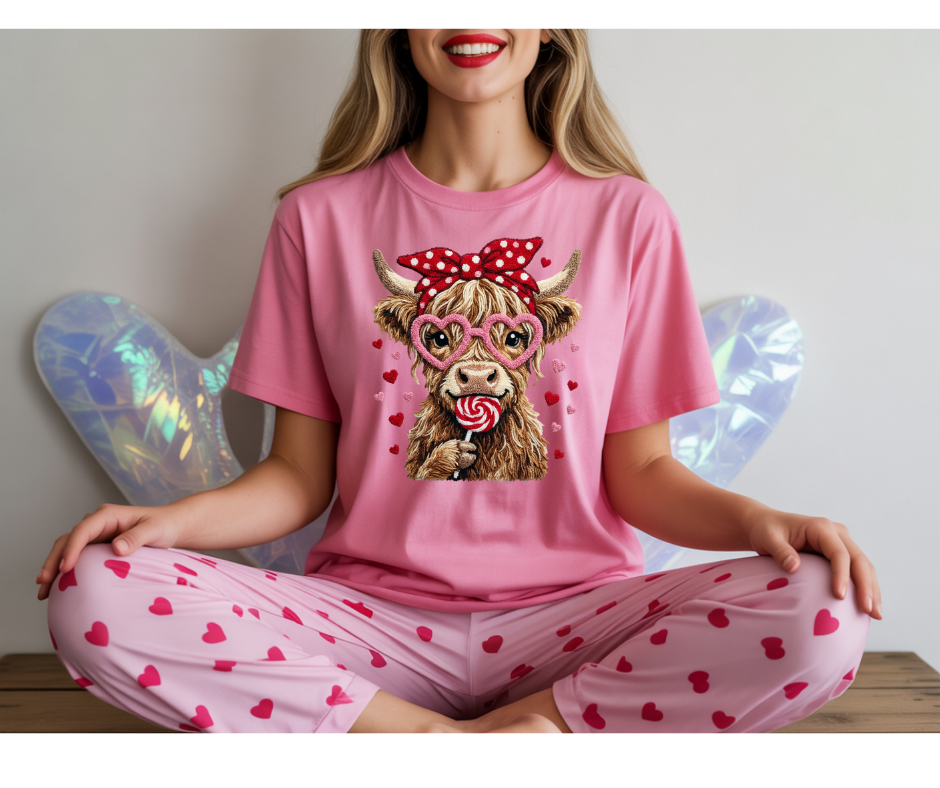 Wholesale Valentine Highland Cow Graphic T-Shirt | DTF Printed | Ready-to-Sell Tees