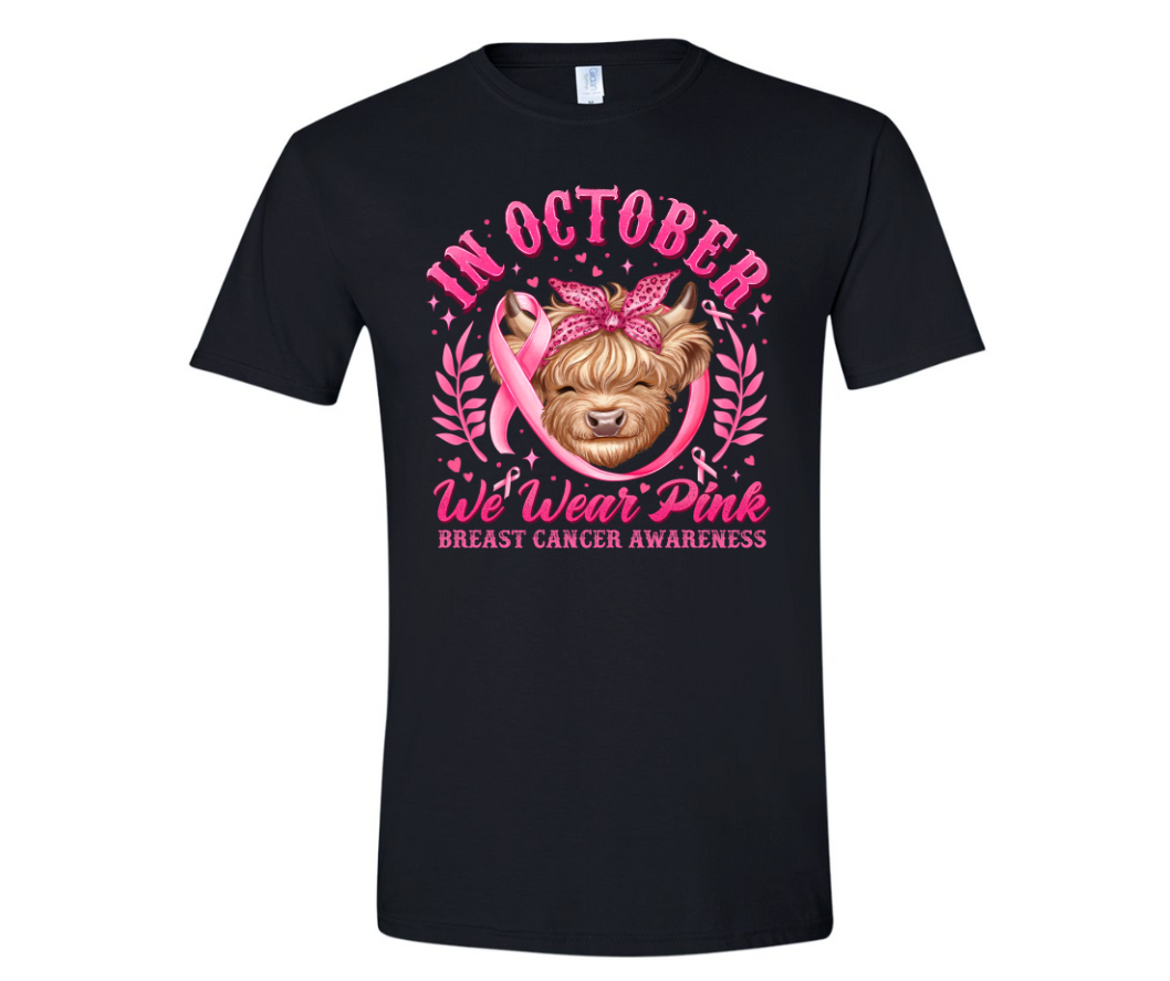 "In October We Wear Pink" Breast Cancer Awareness Highland Cow T-Shirt