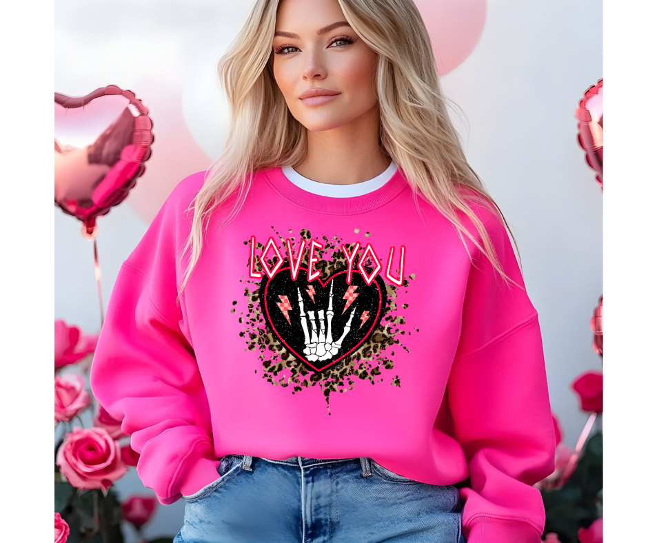 Love You Skeleton Valentine Shirt – Leopard Heart Graphic