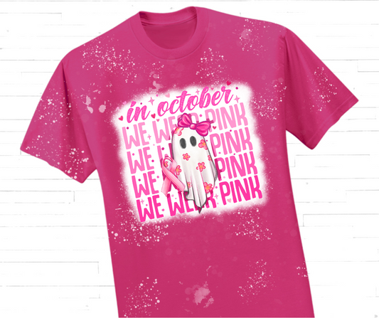 "In October We Wear Pink" Floral Ghost Breast Cancer Awareness T-Shirt