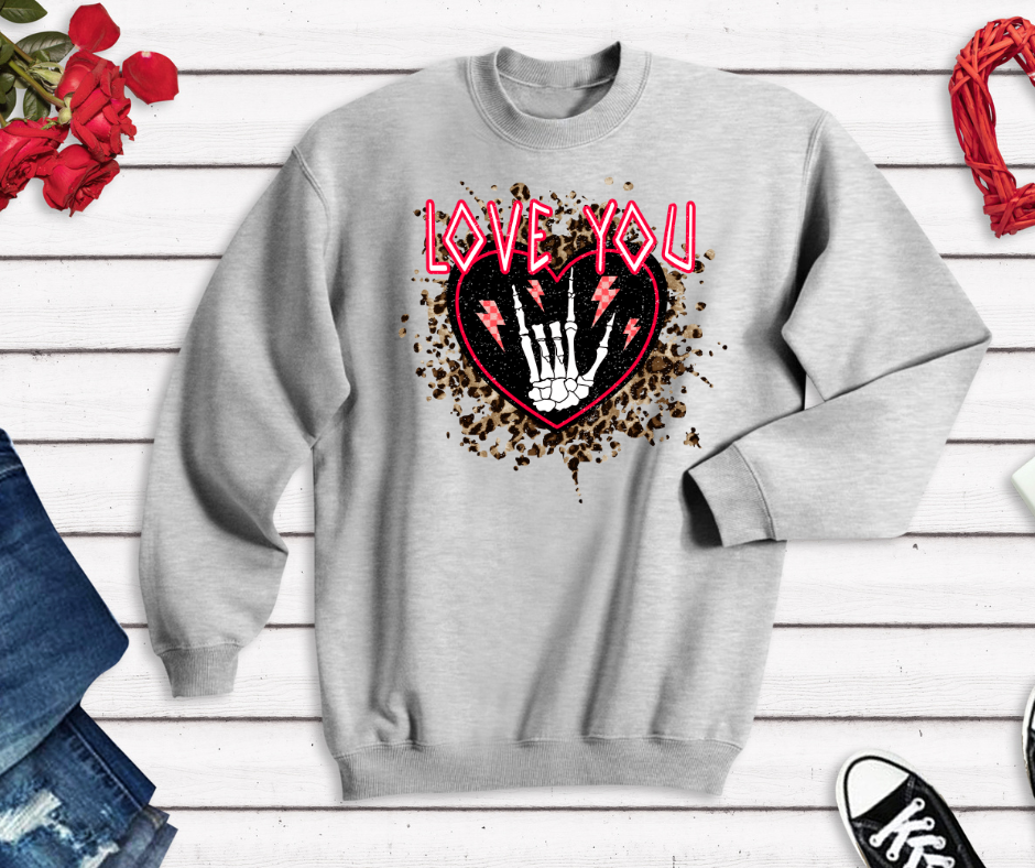 Love You Skeleton Valentine Shirt – Leopard Heart Graphic
