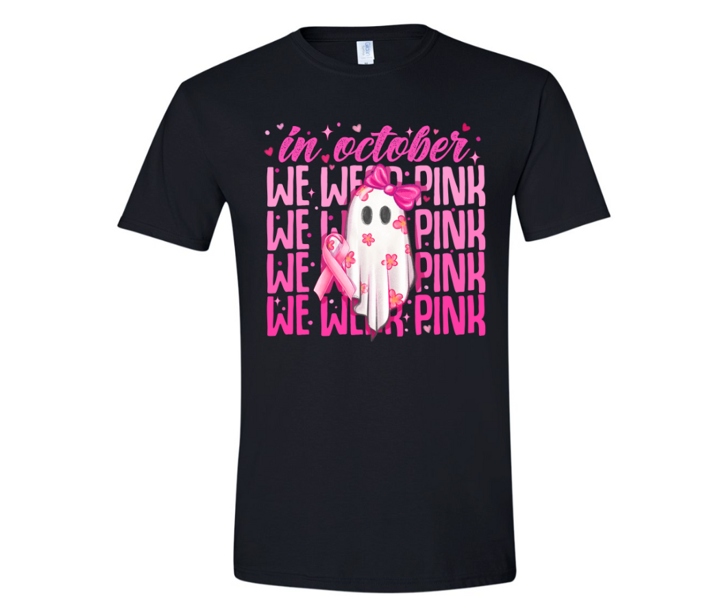 "In October We Wear Pink" Floral Ghost Breast Cancer Awareness T-Shirt