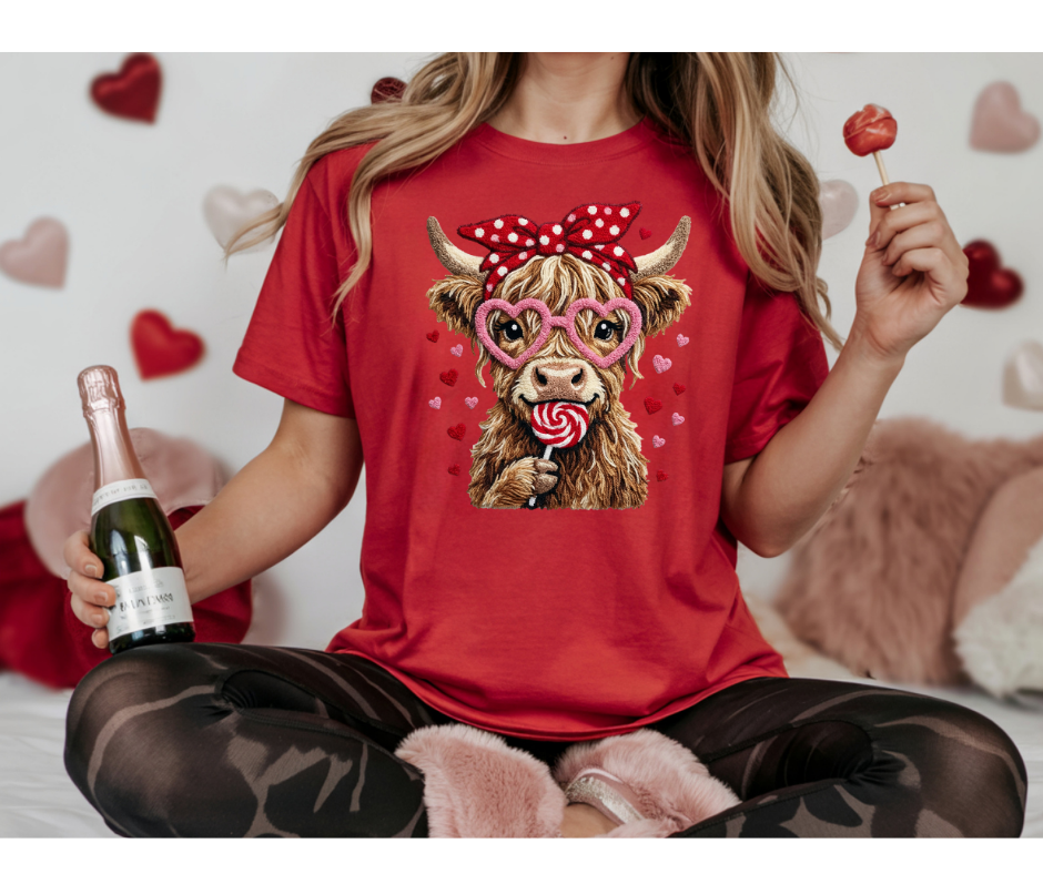 Wholesale Valentine Highland Cow Graphic T-Shirt | DTF Printed | Ready-to-Sell Tees