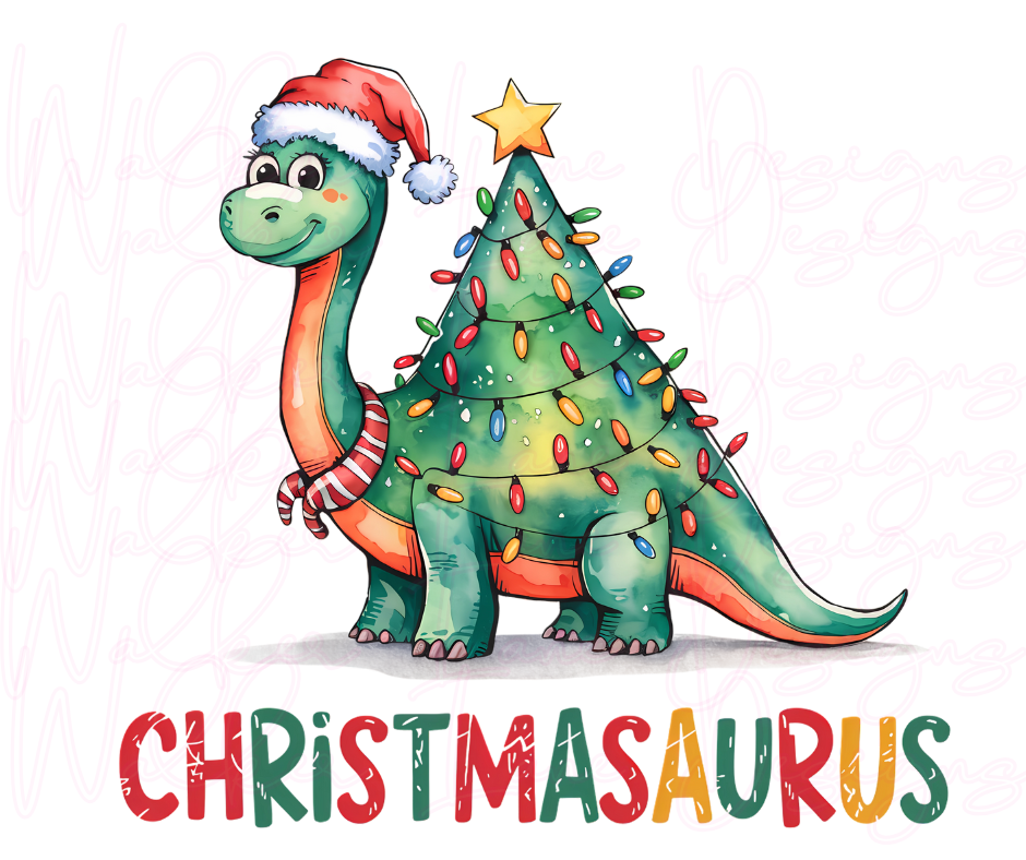 Christmasaurus Dinosaur Christmas Tree DTF Transfer – Kids Holiday Lights Dino Shirt Design