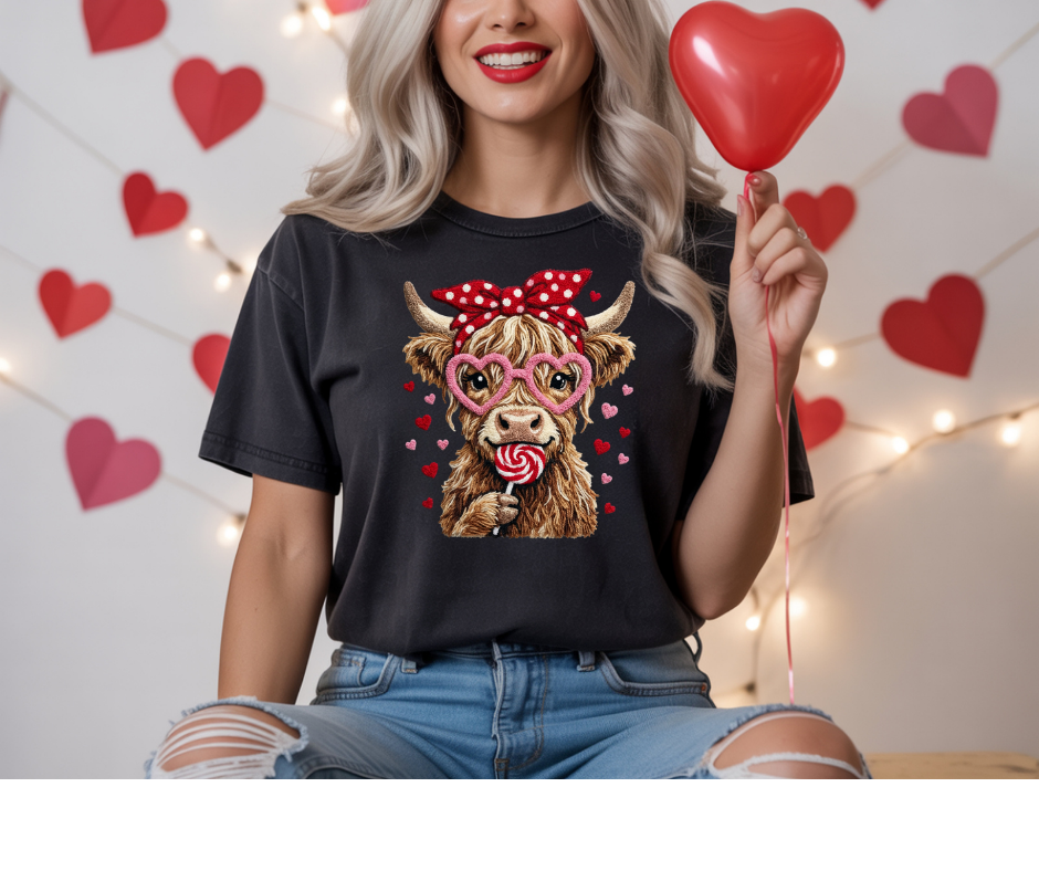 Wholesale Valentine Highland Cow Graphic T-Shirt | DTF Printed | Ready-to-Sell Tees