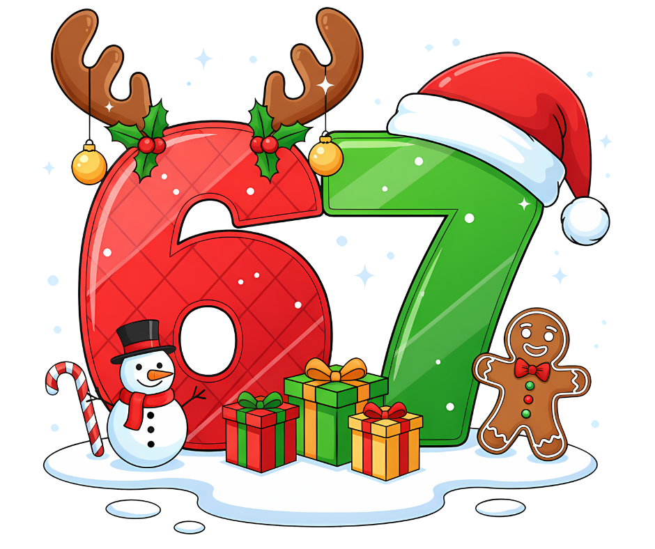 Christmas Number 67 DTF Transfer – Holiday Kids Birthday Shirt | Snowman, Gingerbread, Gifts & Santa Hat Design