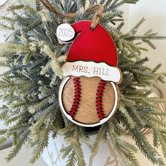 Personalized Baseball Christmas Ornament  – Custom Name Santa Hat | Baseball Player & Coach Gift | Team Color Option