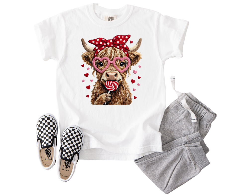 Wholesale Youth Valentine Highland Cow Graphic T-Shirt | DTF Printed | Ready-to-Sell