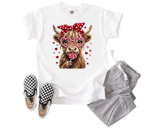 Wholesale Youth Valentine Highland Cow Graphic T-Shirt | DTF Printed | Ready-to-Sell
