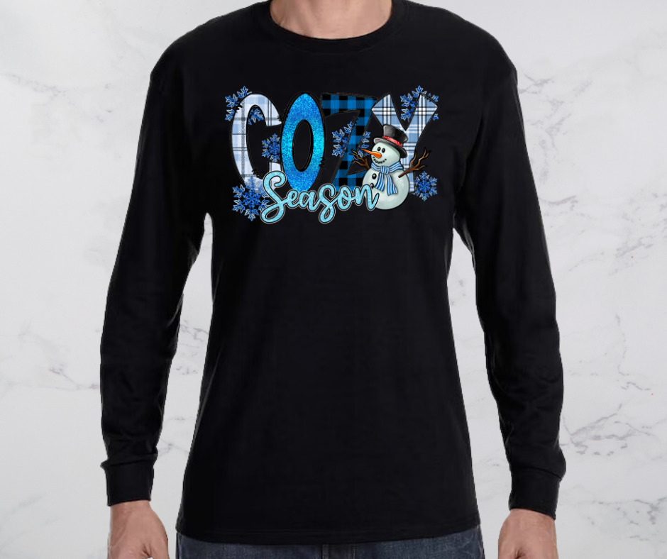 Cozy Season Snowman on Black Long Sleeve Tee