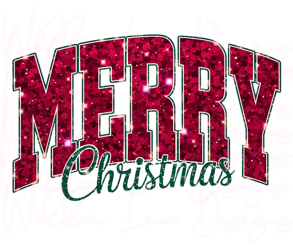 Merry Christmas Glitter Text DTF Transfer – Red Sparkle Holiday Shirt Design for Boutique Apparel
