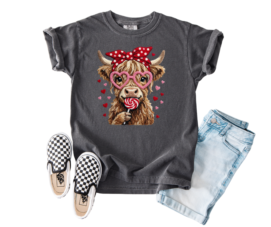 Wholesale Youth Valentine Highland Cow Graphic T-Shirt | DTF Printed | Ready-to-Sell