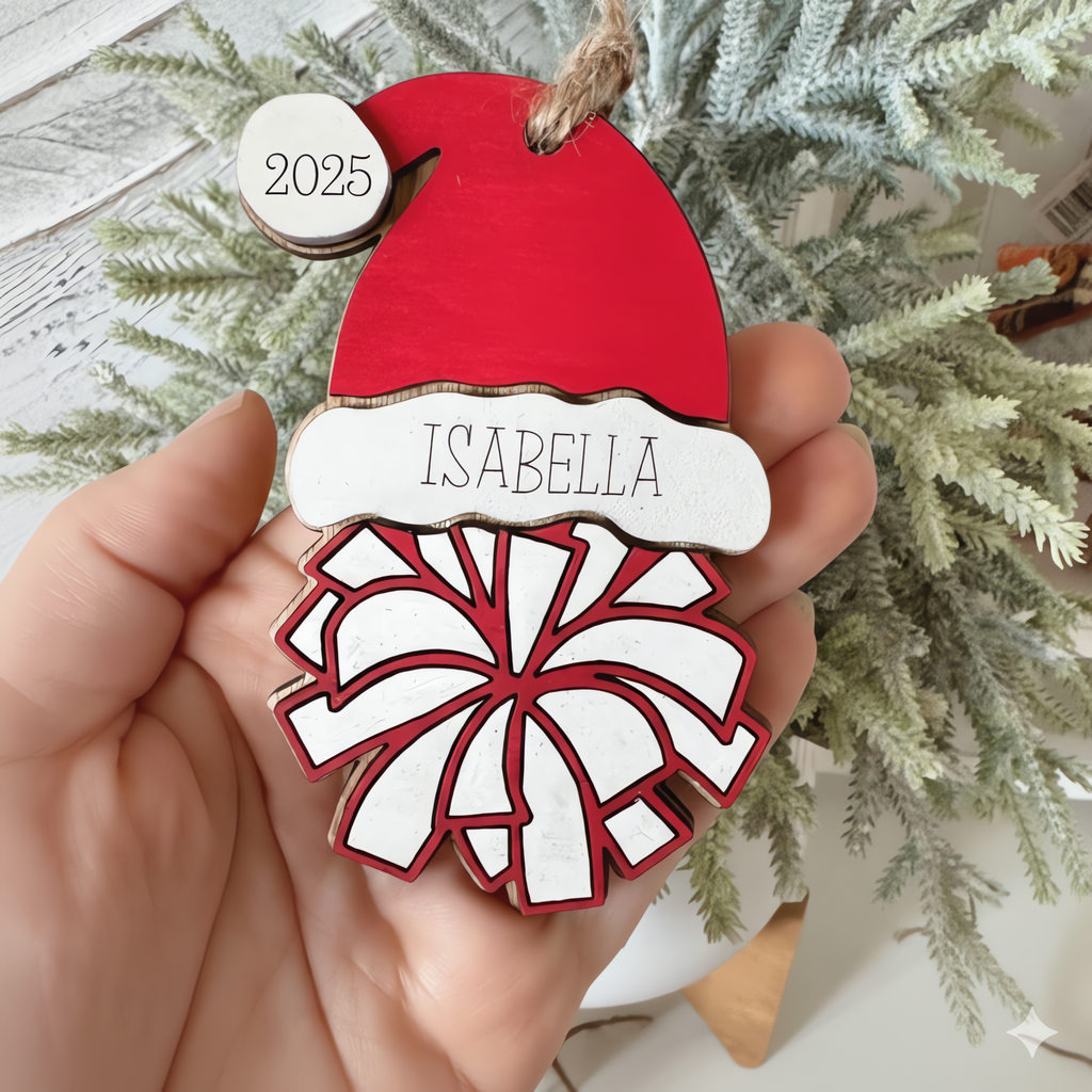 🎄 Personalized Cheer Christmas Ornament 2025 – Custom Name Santa Hat | Cheerleader Gift | Pom Ornament | Team Color Option