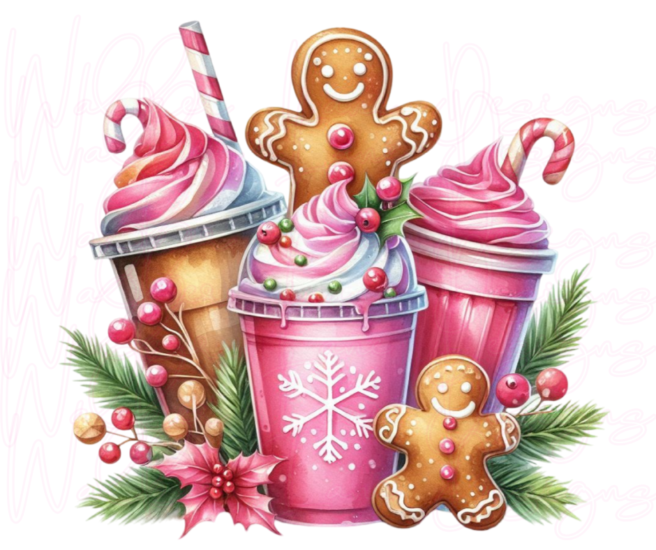Pink Christmas Drinks & Gingerbread DTF Transfer – Holiday Coffee Cup Shirt Design for Winter Boutiques