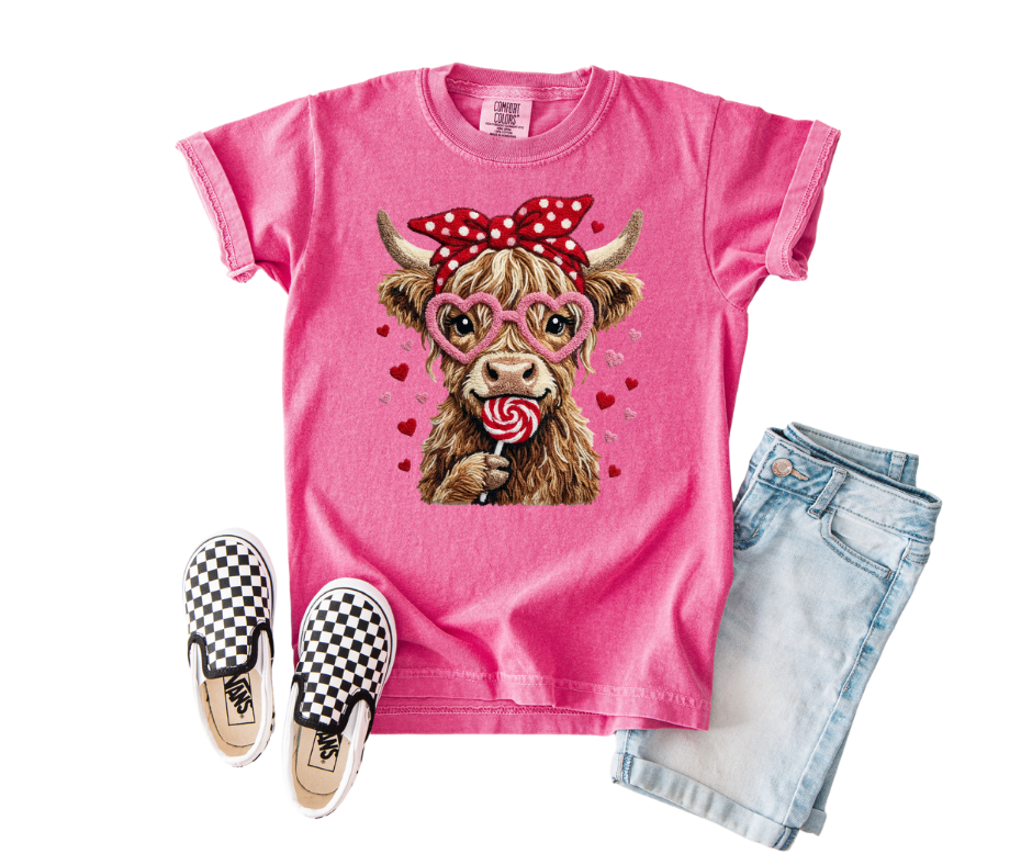 Wholesale Youth Valentine Highland Cow Graphic T-Shirt | DTF Printed | Ready-to-Sell