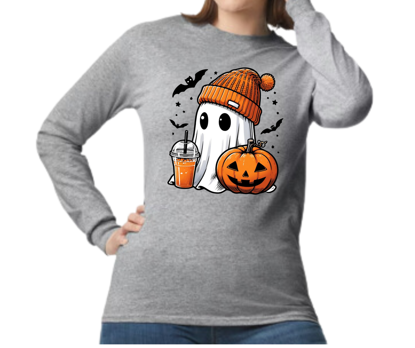 Cute Ghost with a Pumpkin and Coffee Long Sleeve