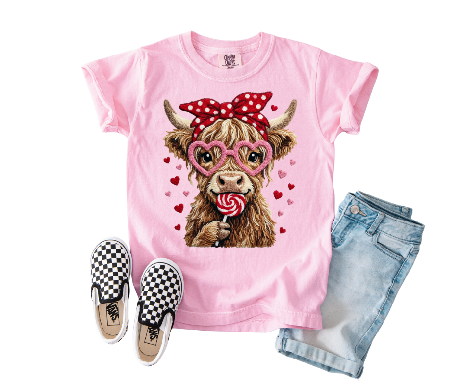 Wholesale Youth Valentine Highland Cow Graphic T-Shirt | DTF Printed | Ready-to-Sell