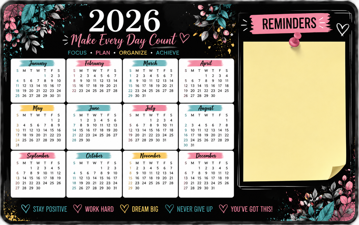 2026 Desk Calendar Desk Mat | Inspirational XXL Mouse Pad with Reminders Section