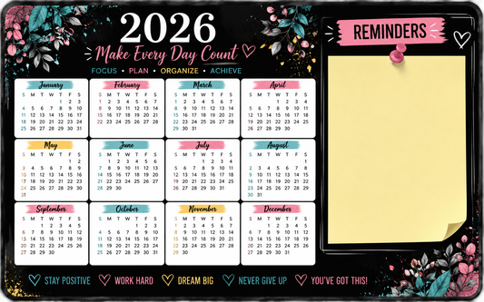 2026 Desk Calendar Desk Mat | Inspirational XXL Mouse Pad with Reminders Section