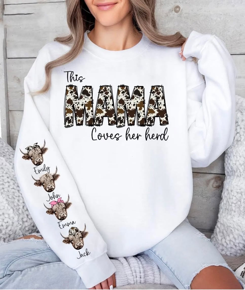 This Mama Cows Her Herd – Personalized Cow Print Sweatshirt
