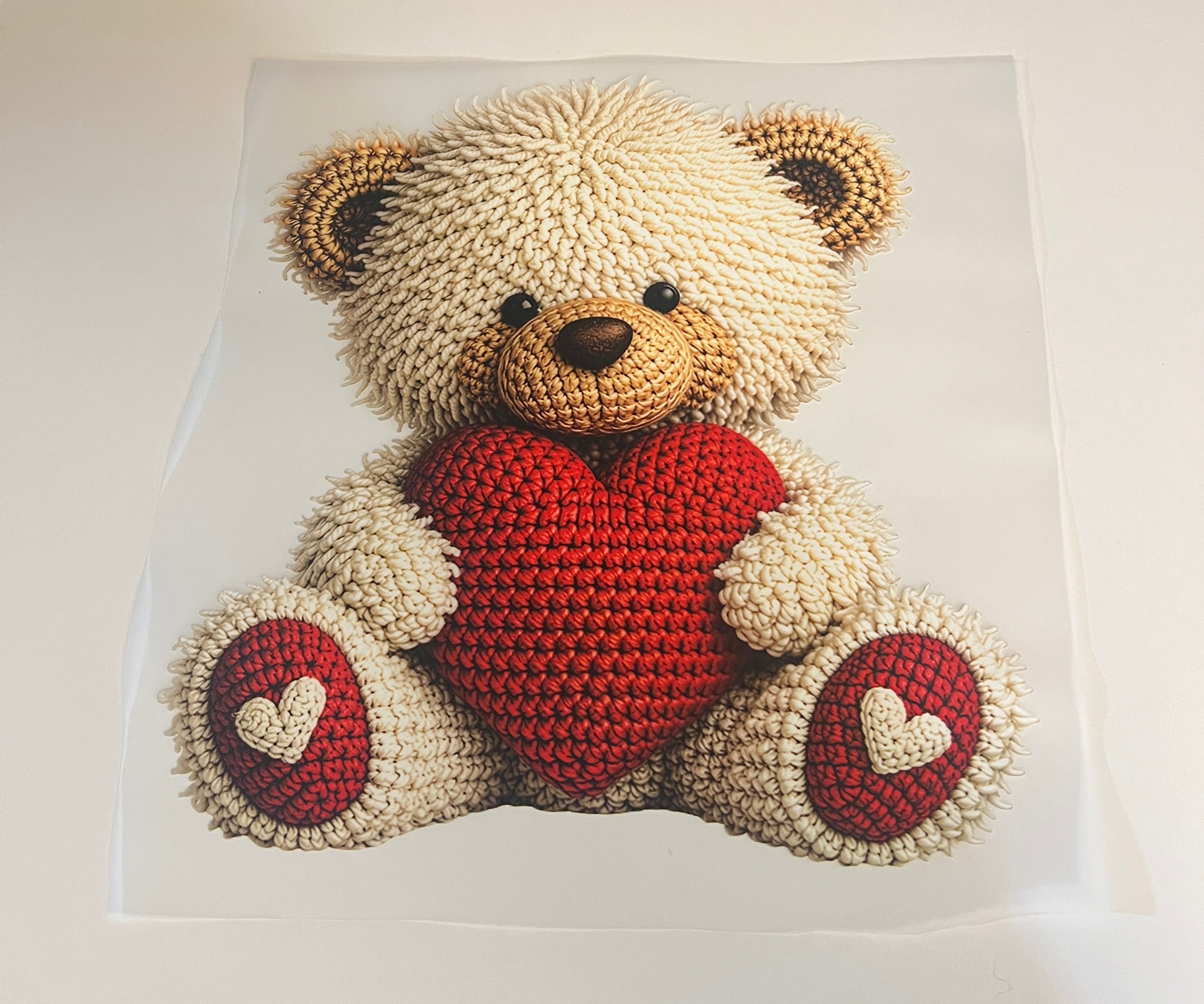 Crochet Teddy Bear with Heart DTF Heat Transfer – Valentine Love Design