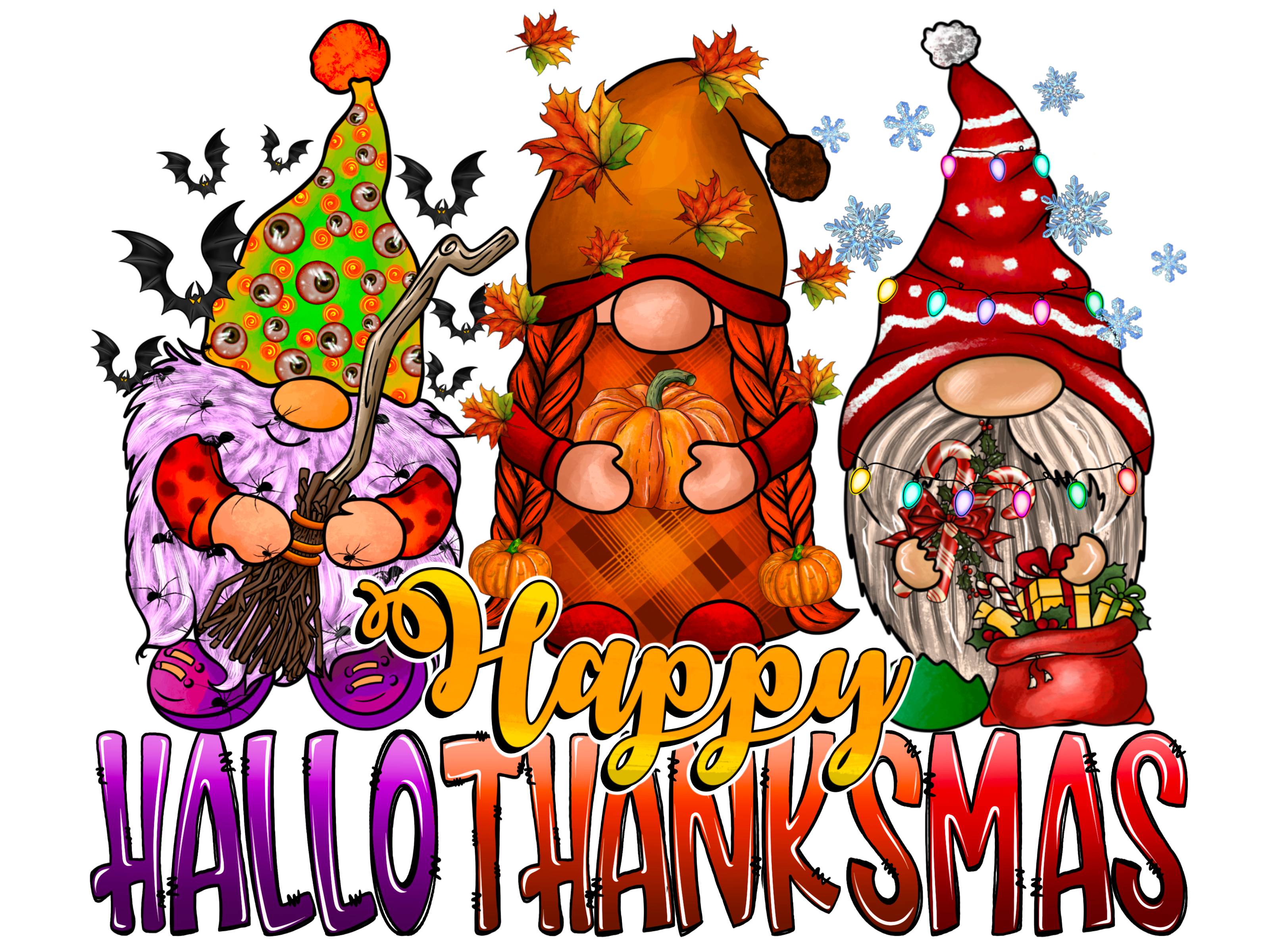 Hallothanksmas Gnomes DTF Transfer – Holiday Trio Design