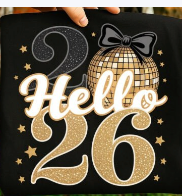 Hello 2026 Disco Ball Bow – Black & Gold DTF Transfer