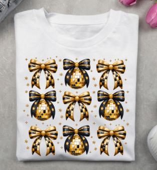 Gold Bow & Disco Ball Pattern – New Year DTF Transfer