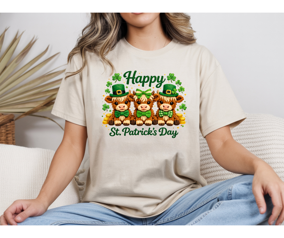 Happy St. Patrick’s Day Highland Cow Shirt | Cute Irish Cow Shamrock Graphic Tee | St Patrick’s Day Cow T-Shirt