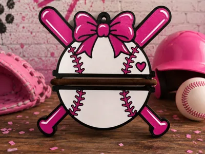 Baseball and softball hair tie holder with crossed bats, pink bow, and hair ties
