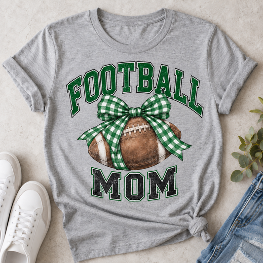 Cloverdale Clovers Football Mom Bow T-Shirt in gray with kelly green & black design